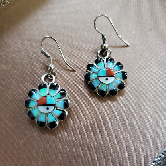 Vintage Zuni Sterling Inlay Opal Earrings - Picture 2 of 8
